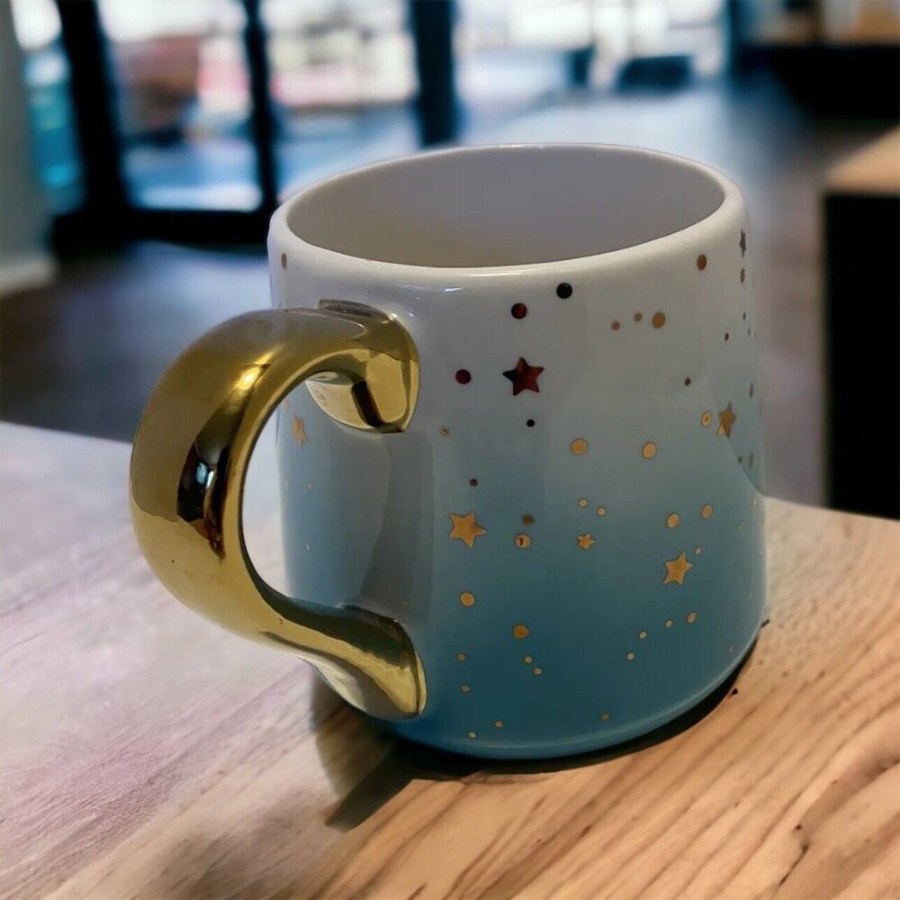 Large Season of Love Celestial Coffee Mugs Teal Ombre Gold Handle Stars and Dot